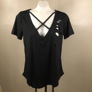 V Neck Criss Cross Ripped Tee